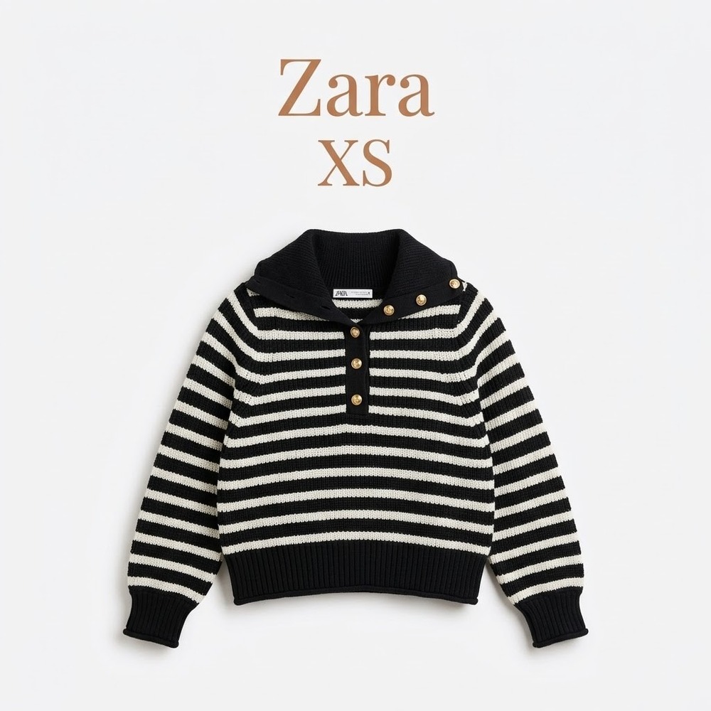 J.Crew Cropped Sweater  Ribbed Button Collar Striped XS Black White